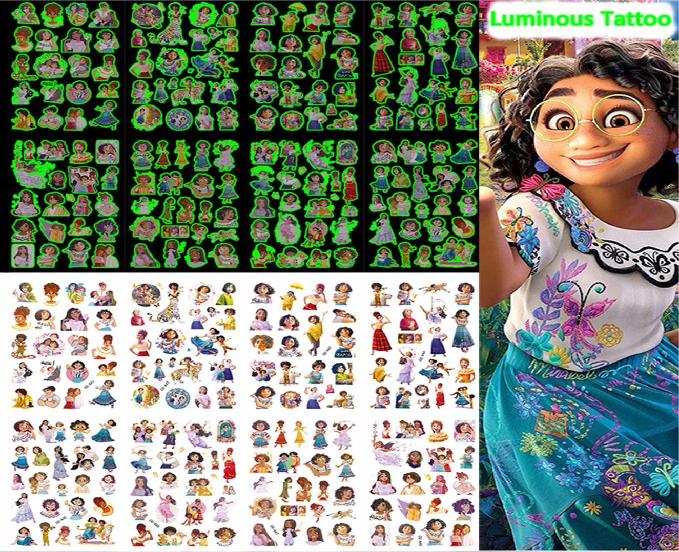 Dětské dočasné tetování - SVÍTÍCÍ VE TMĚ - ENCANTO 2