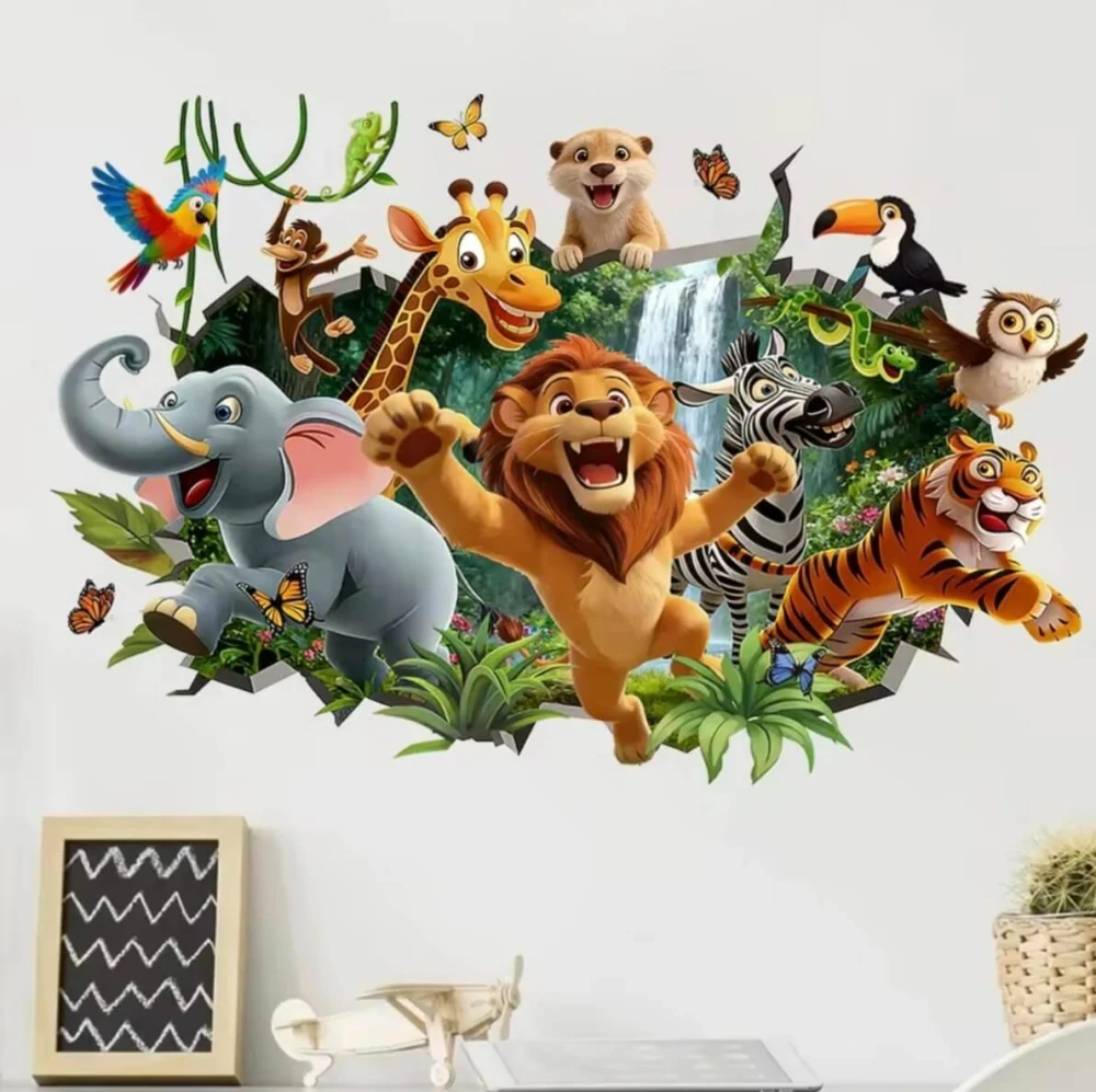 Dětská 3D samolepka na zeď - Veselá zvířátka z džungle (60 × 40 cm)