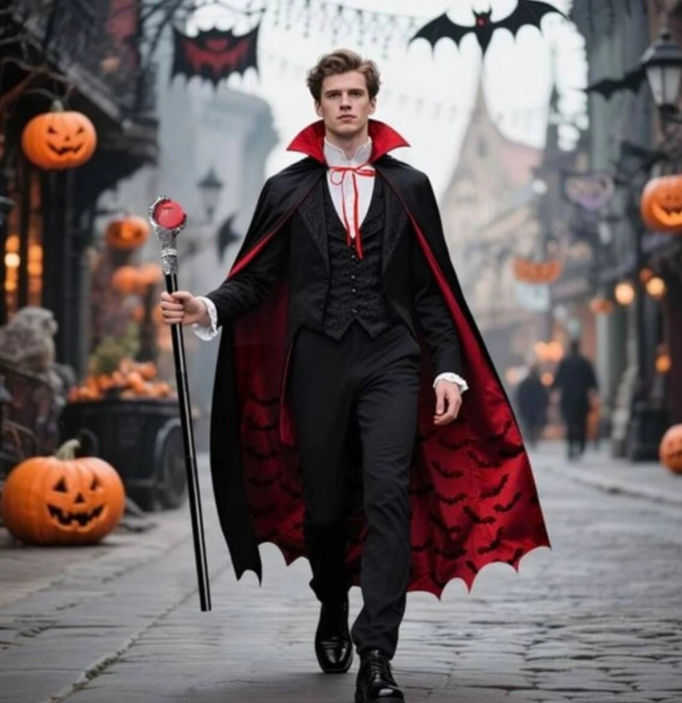 Halloweenský oboustranný plášť Upír / Dracula s vysokým límcem – Velikost L (150 cm, 15+ let / dospělí)