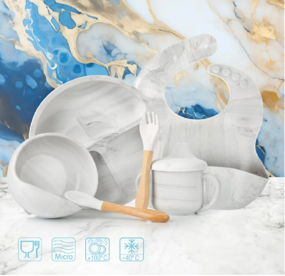 Silikonová jídelní sada 6ks - ŠEDÝ MRAMOR