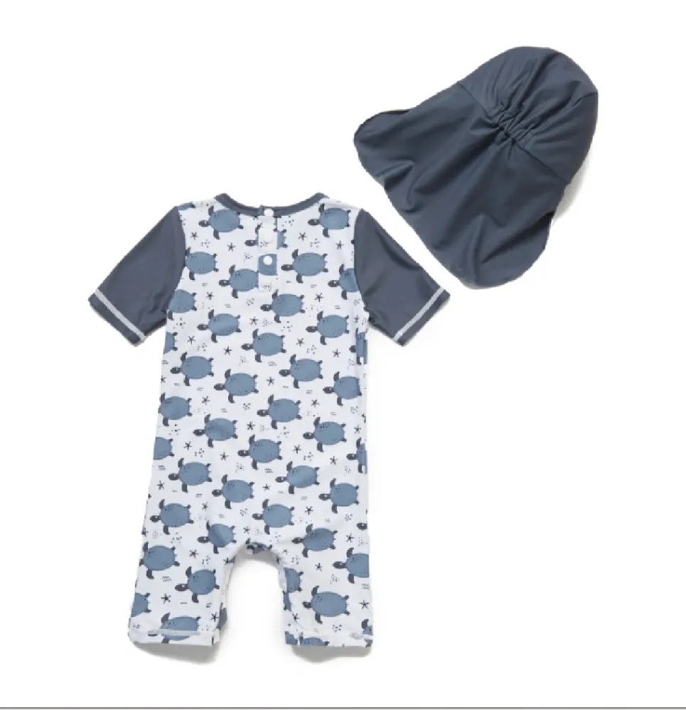 Jednodílné plavky/overal s krátkými rukávy a čepicí (18-24 m) - ŽELVY