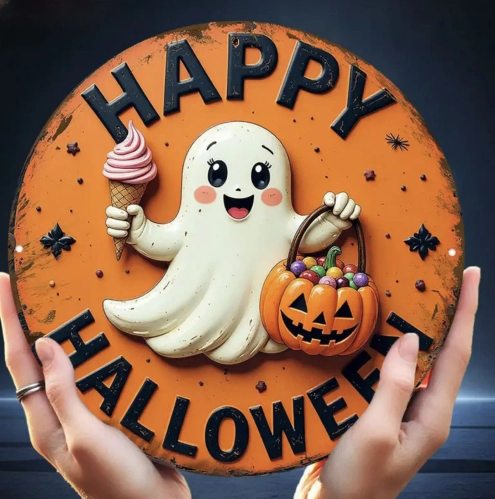 Plechová dekorace na dveře - HALLOWEEN - DUCH