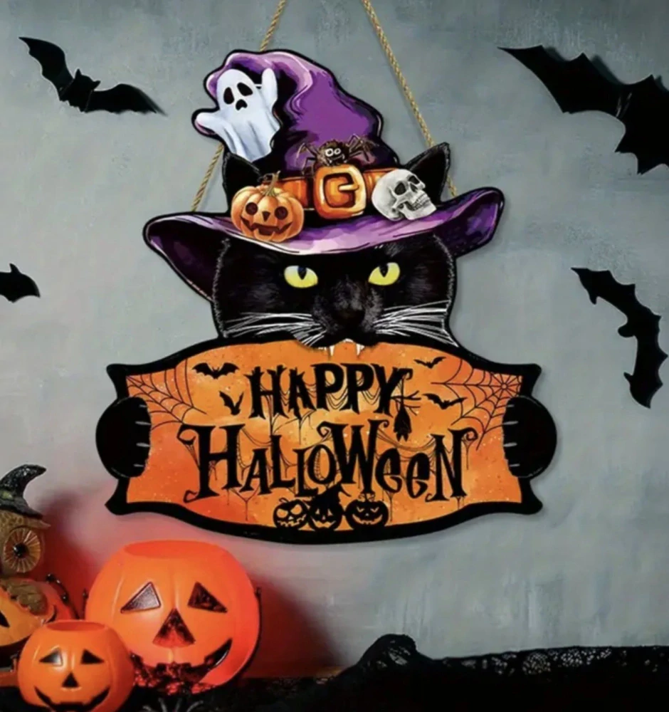Dekorace na dveře - HALLOWEEN - KOČKA S KLOBOUKEM