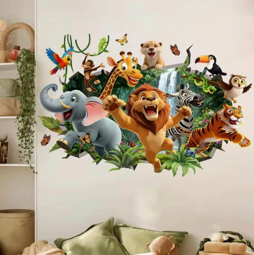 Dětská 3D samolepka na zeď - Veselá zvířátka z džungle (60 × 40 cm)