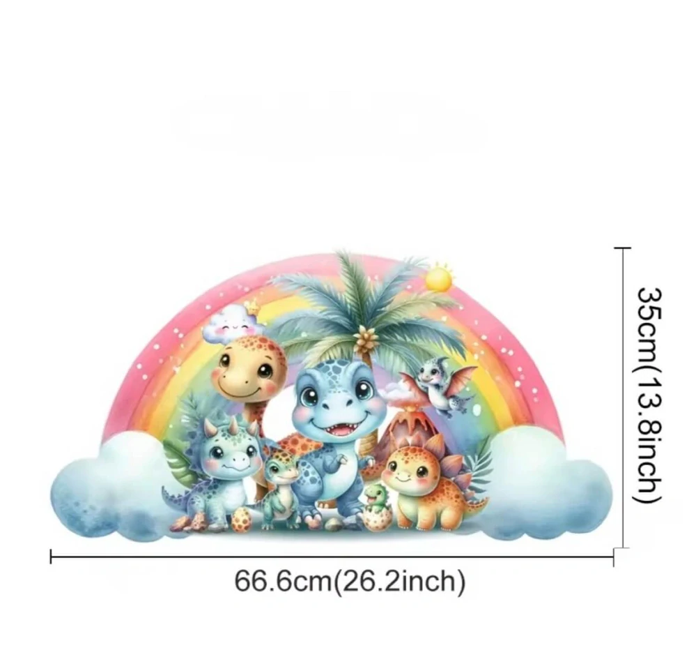 Dětská akvarelová samolepka na zeď – Dinosauři s duhou a palmou (78 × 37 cm) - II. jakost