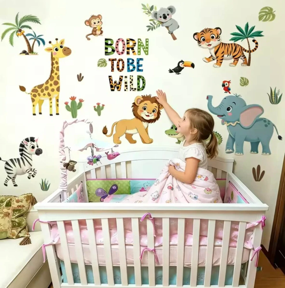 Dětská samolepka na zeď – Zvířátka z džungle "Born to be Wild" (89 × 68 cm)