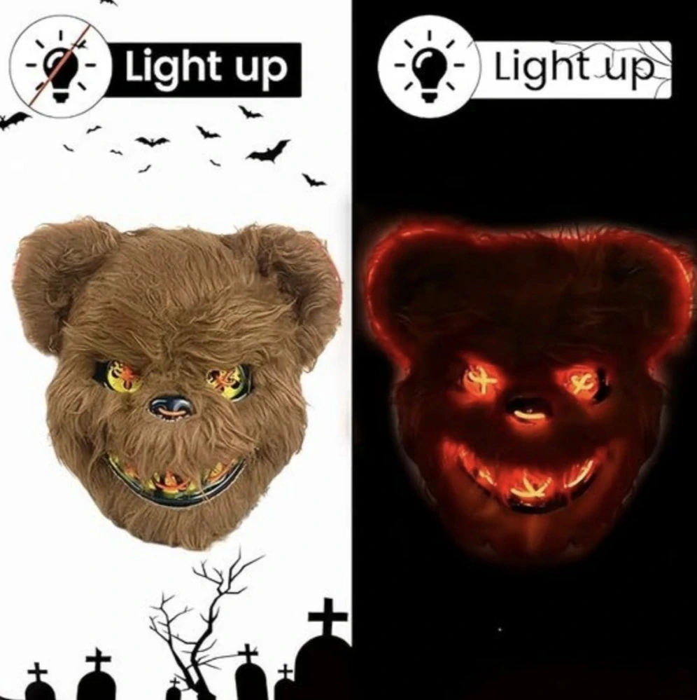 Svítící LED maska – Hororový medvídek - Zelená