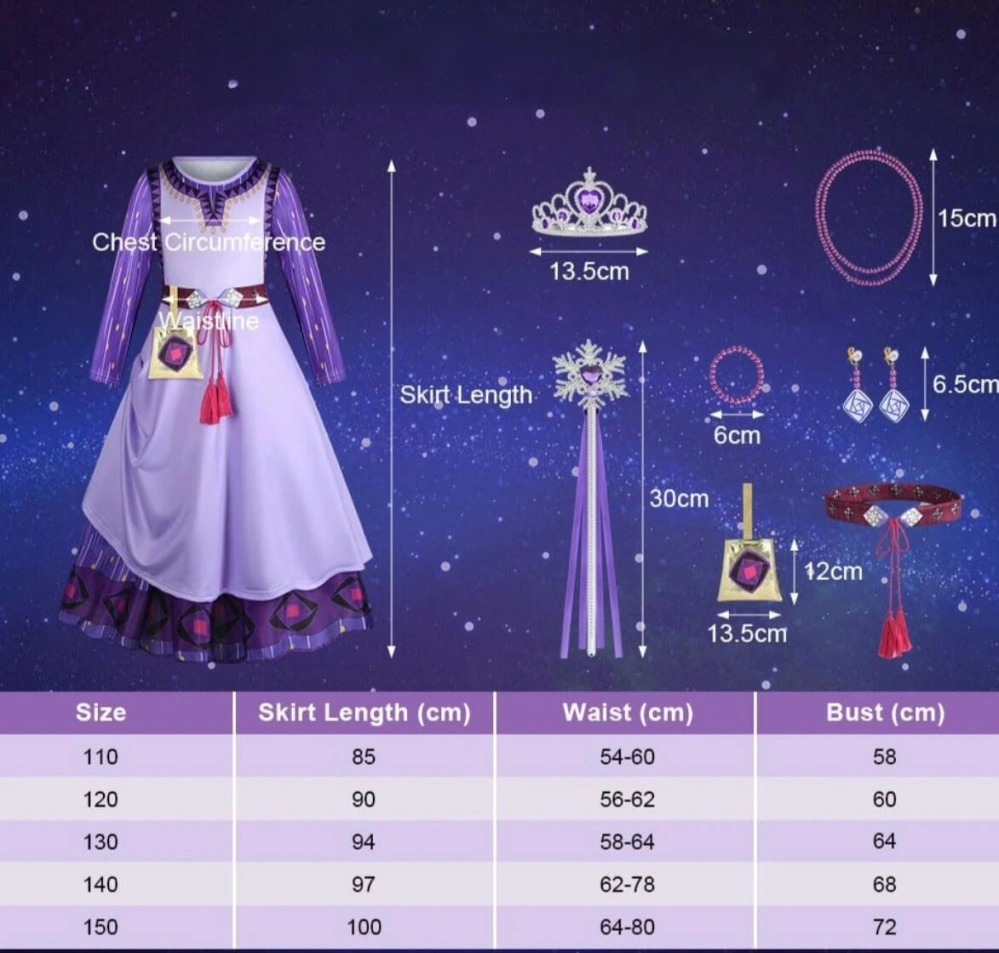 Dětský karnevalový kostým Princezna Asha (Přání / Wish) s bohatou sadou doplňků – Velikost 150 (8–10 let)