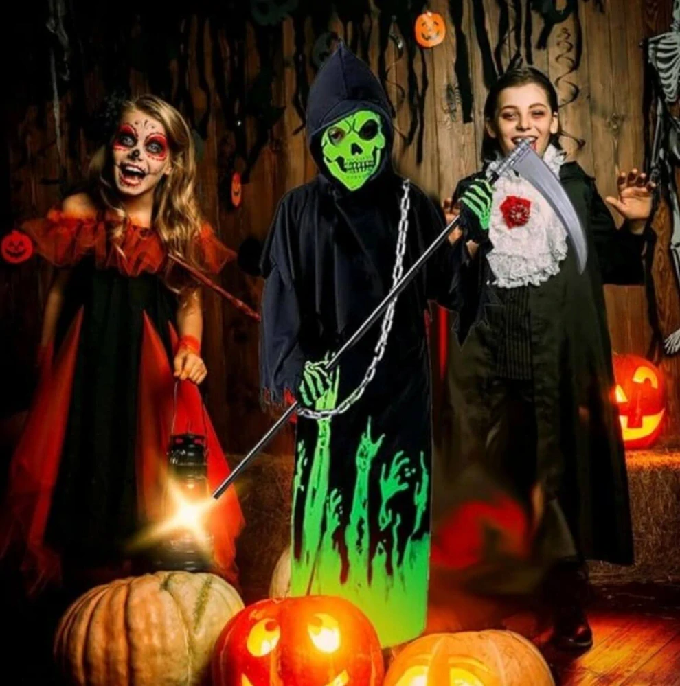 Dětský halloweenský kostým Smrtka / Kostlivec se svítícím efektem a doplňky – Velikost XL (10–12 let) – S VADOU POTISKU