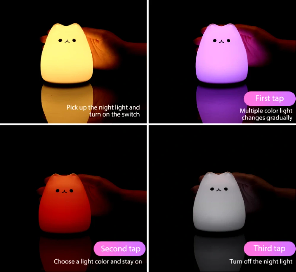 Dotyková silikonová LED noční lampička na baterky - KOČKA