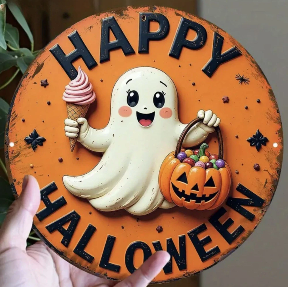 Plechová dekorace na dveře - HALLOWEEN - DUCH