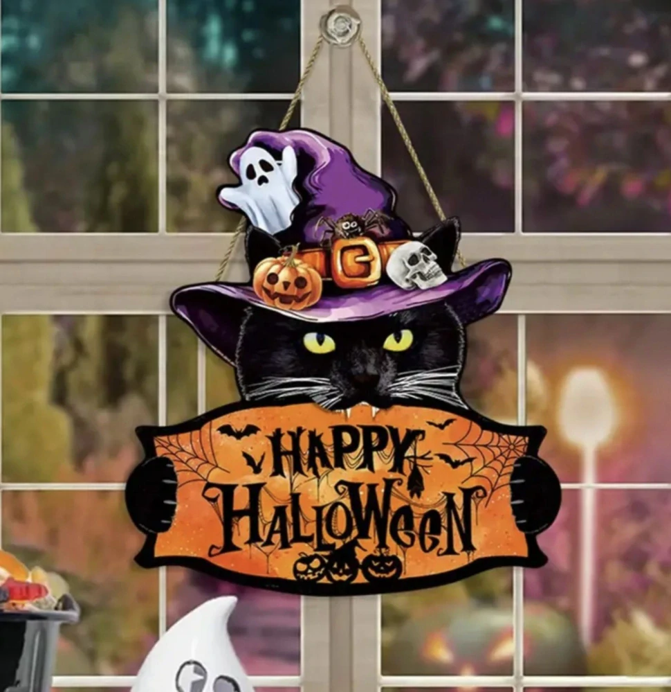 Dekorace na dveře - HALLOWEEN - KOČKA S KLOBOUKEM