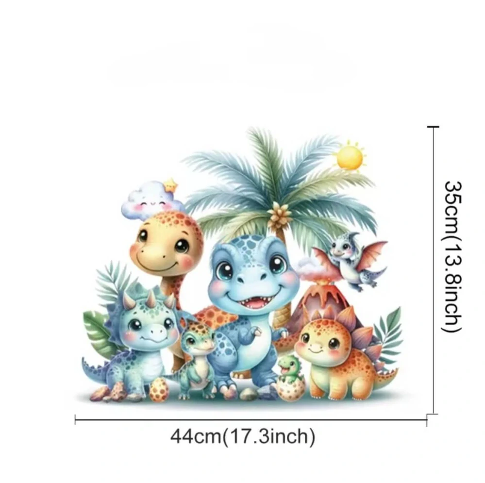 Dětská akvarelová samolepka na zeď – Dinosauři s palmou a sopečkou (44 × 35 cm)