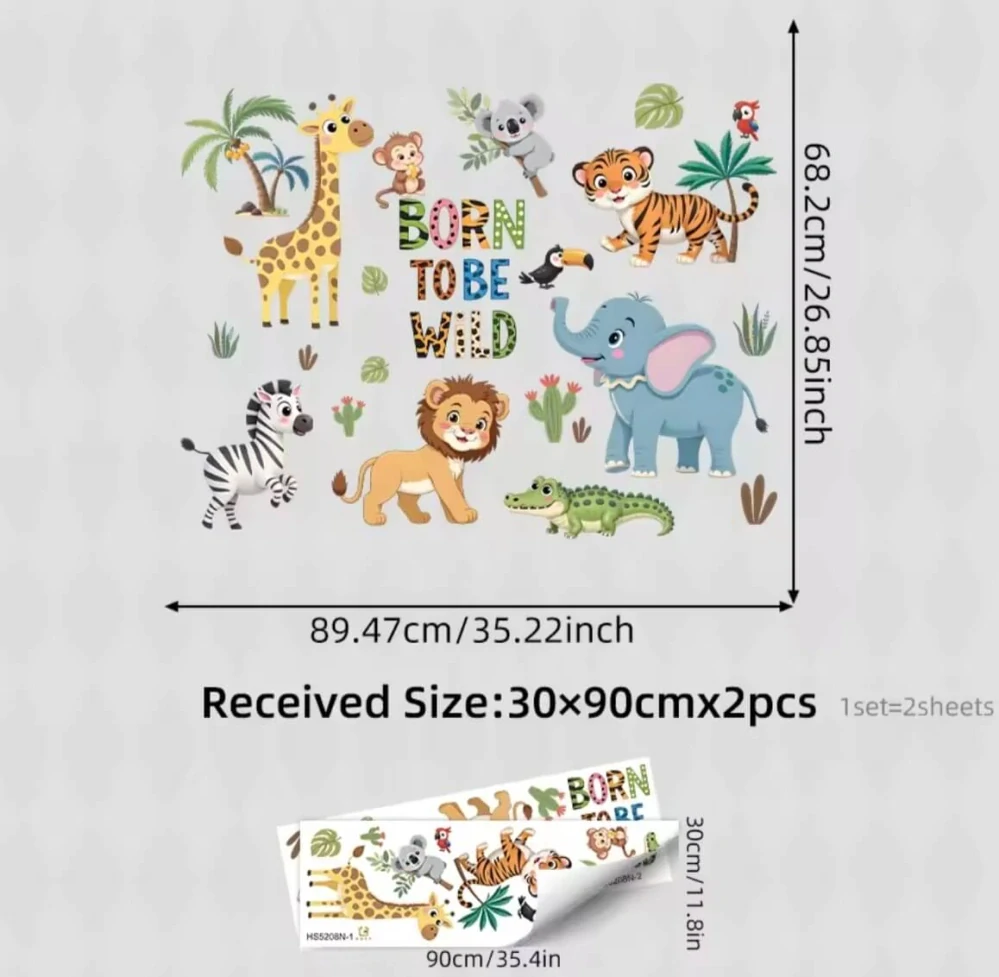 Dětská samolepka na zeď – Zvířátka z džungle "Born to be Wild" (89 × 68 cm)