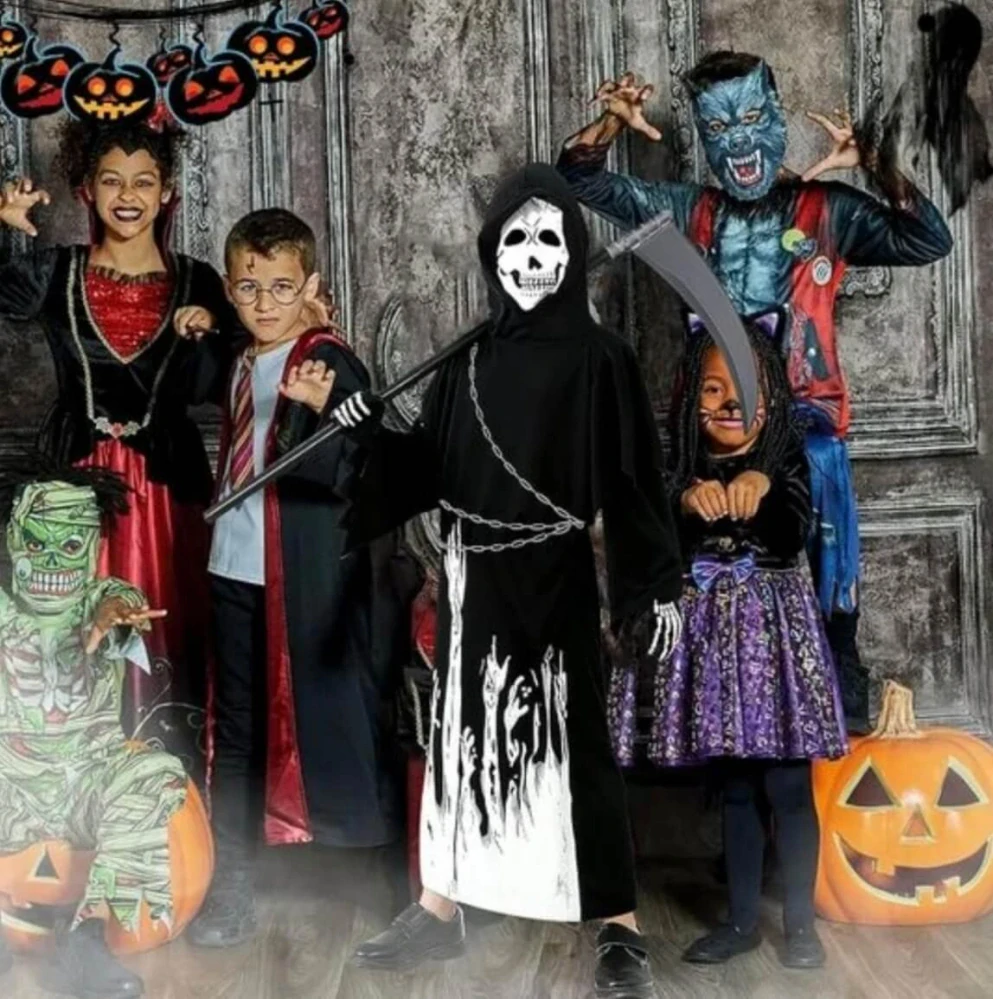 Dětský halloweenský kostým Smrtka / Kostlivec se svítícím efektem a doplňky – Velikost XL (10–12 let) – S VADOU POTISKU