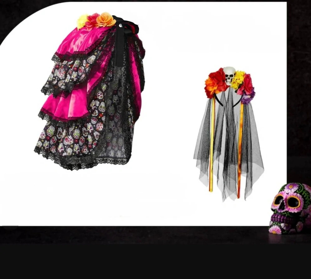 Kostýmový set Día de los Muertos (Mexická smrtka) – Sukně a čelenka se závojem – Velikost S