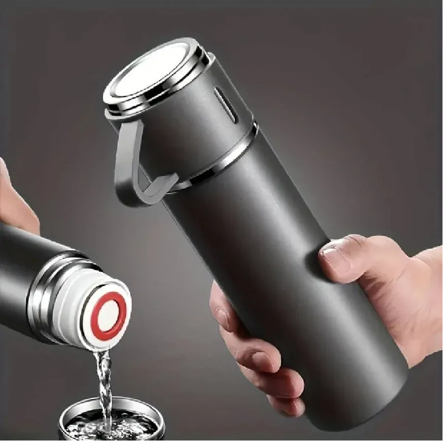 Sada s termoskou a hrnky z nerezové oceli - 500 ml - ŠEDÁ