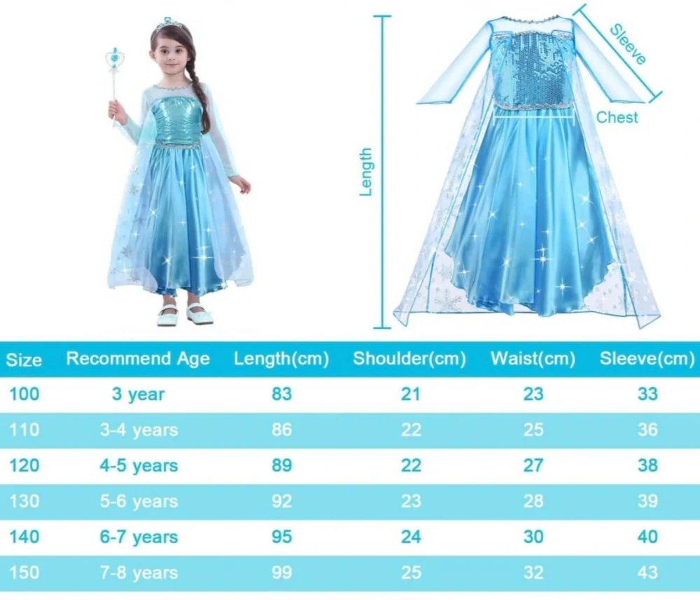 Dětský karnevalový kostým Princezna Elsa (Ledové království) s doplňky a copem, Velikost 100 (cca 3 roky)