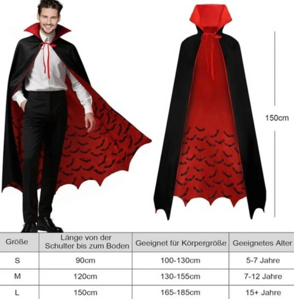 Halloweenský oboustranný plášť Upír / Dracula s vysokým límcem – Velikost L (150 cm, 15+ let / dospělí)