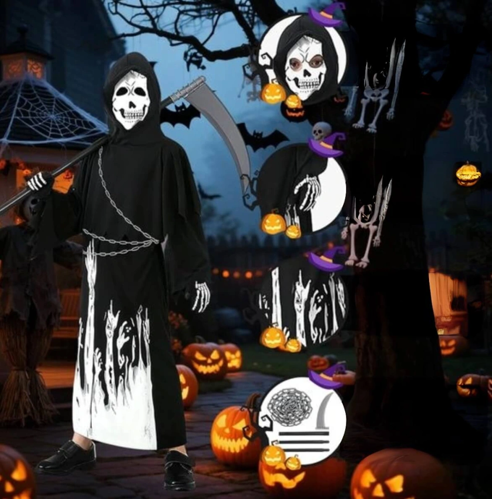 Dětský halloweenský kostým Smrtka / Kostlivec se svítícím efektem a doplňky – Velikost XL (10–12 let) – S VADOU POTISKU