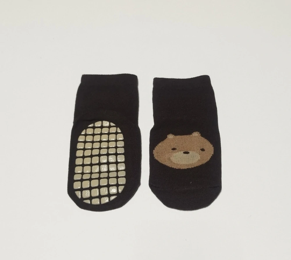 Teplé protiskluzové ponožky - TMAVĚ HNĚDÉ - MEDVÍDEK - (12-36m) M