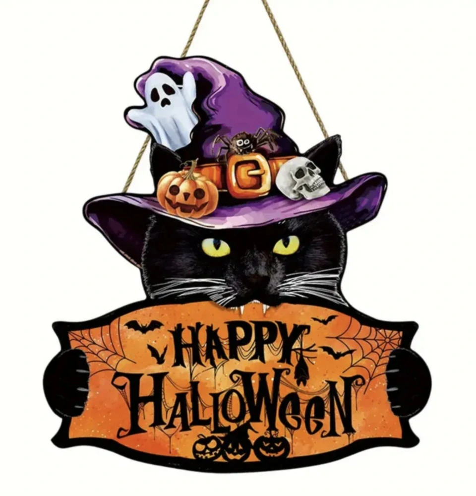 Dekorace na dveře - HALLOWEEN - KOČKA S KLOBOUKEM
