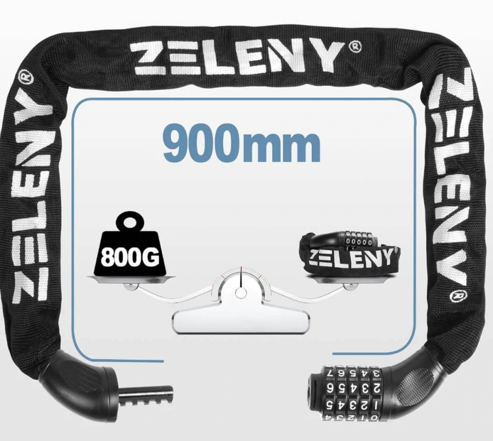 Robustní řetězový zámek na kolo a koloběžku (90 cm, 5místný kód) - ČERNÝ