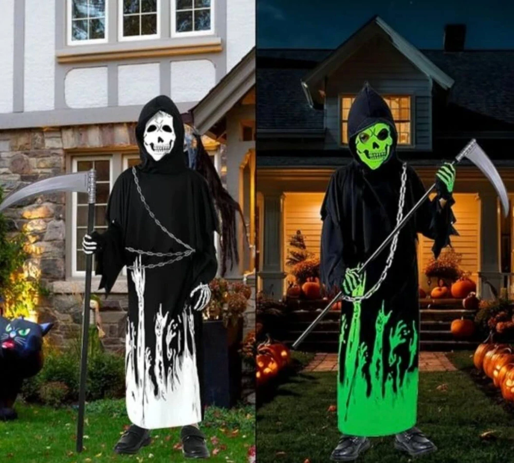 Dětský halloweenský kostým Smrtka / Kostlivec se svítícím efektem a doplňky – Velikost XL (10–12 let) – S VADOU POTISKU