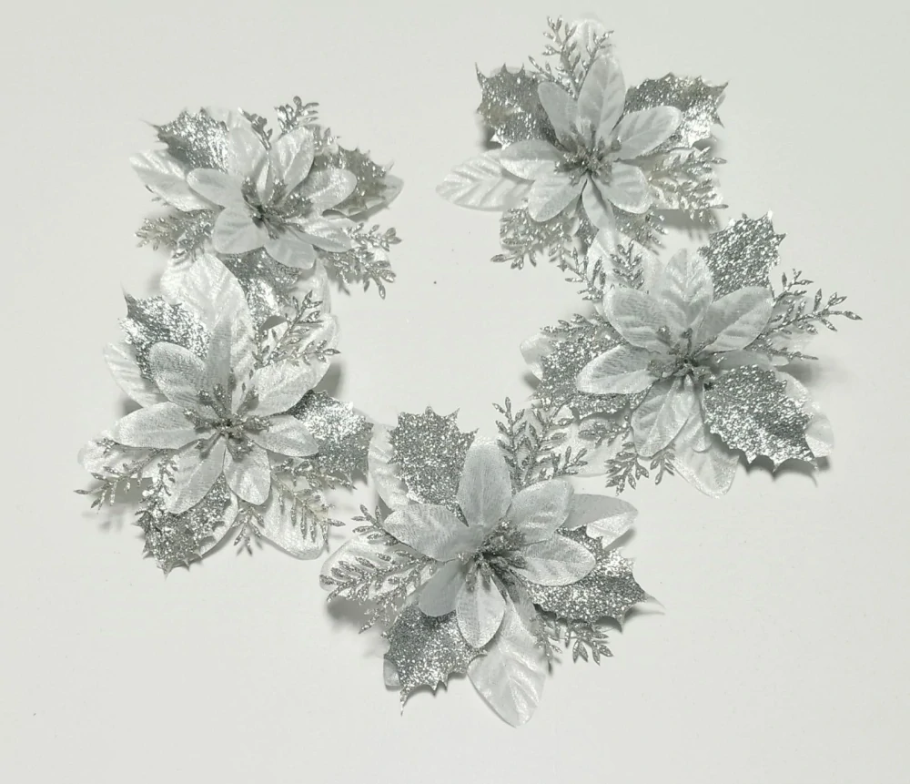 Vánoční ozdoby na stromeček - VANOČNÍ HVĚZDA - STŘÍBRNÁ - 5 ks