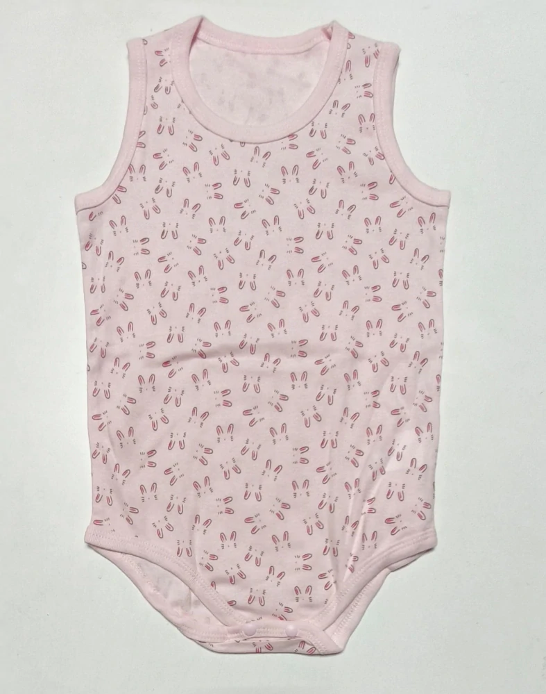 Dětské body bez rukávů (tílko) – 100% bavlna - RŮŽOVÉ S KRÁLÍČKY - (18-24 m)