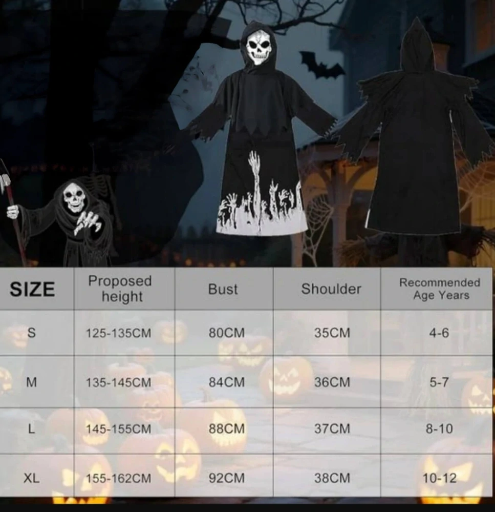 Dětský halloweenský kostým Smrtka / Kostlivec se svítícím efektem a doplňky – Velikost XL (10–12 let) – S VADOU POTISKU