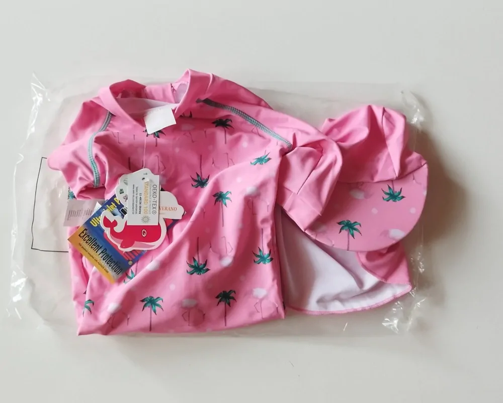 Jednodílné plavky/overal s 3/4 rukávy a čepicí (9-12 m) - PALMY