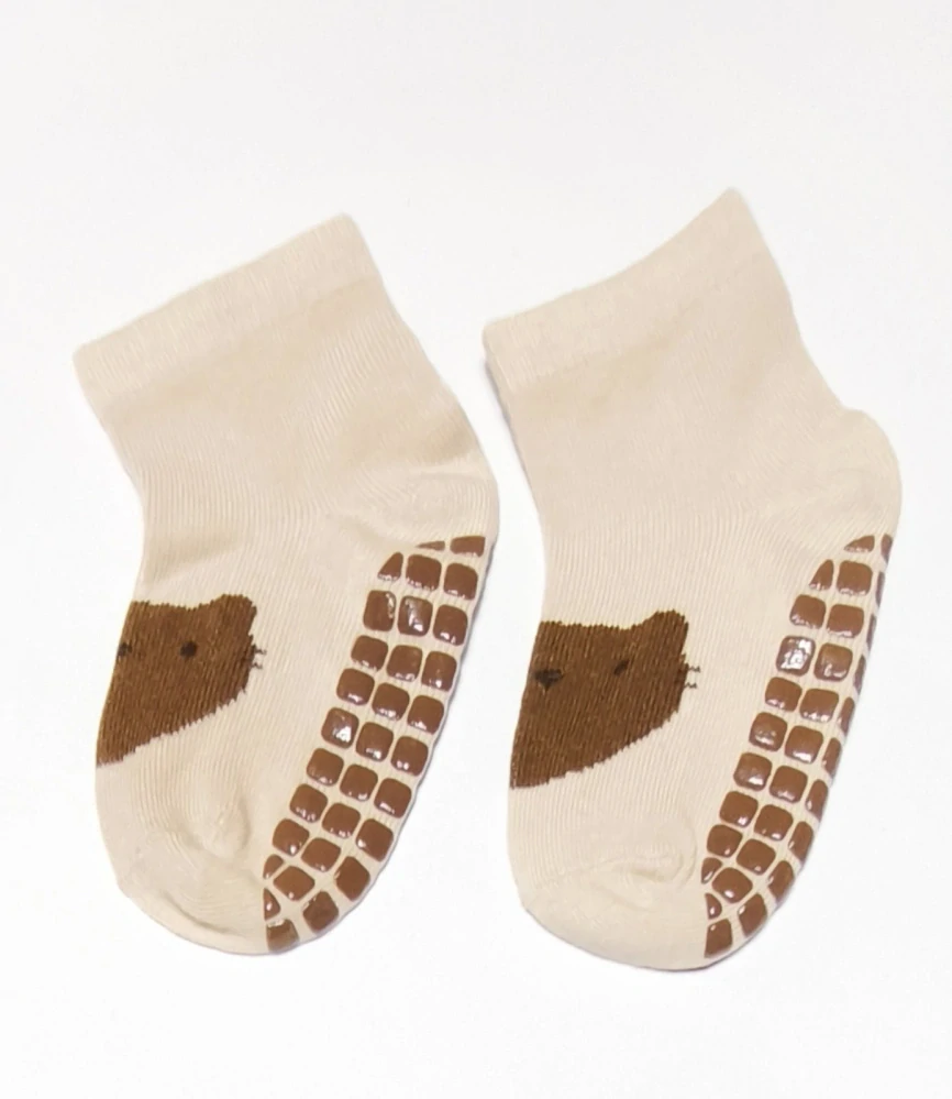 Protiskluzové ponožky - SVĚTLE HNĚDÉ - KOČKA - (3-5 let) L