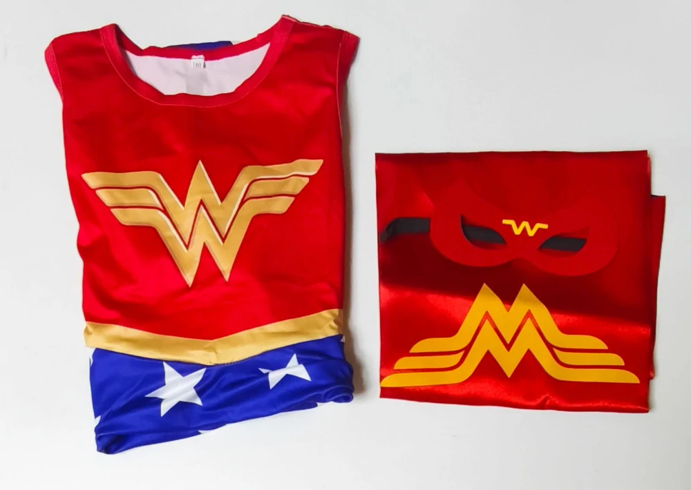 Dětský karnevalový kostým Superhrdinka (Wonder Woman / Supergirl) s pláštěm a maskou, Velikost 140 (6–7 let)