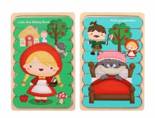 Oboustranné dřevěné puzzle (S) - ČERVENÁ KARKULKA 