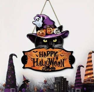 Dekorace na dveře - HALLOWEEN - KOČKA S KLOBOUKEM
