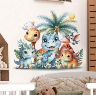 Dětská akvarelová samolepka na zeď – Dinosauři s palmou a sopečkou (44 × 35 cm)