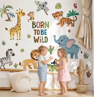 Dětská samolepka na zeď – Zvířátka z džungle "Born to be Wild" (89 × 68 cm)