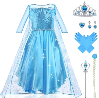Dětský karnevalový kostým Princezna Elsa (Ledové království) s doplňky a copem, Velikost 100 (cca 3 roky)