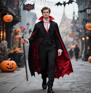 Halloweenský oboustranný plášť Upír / Dracula s vysokým límcem – Velikost L (150 cm, 15+ let / dospělí)