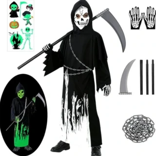 Dětský halloweenský kostým Smrtka / Kostlivec se svítícím efektem a doplňky – Velikost XL (10–12 let) – S VADOU POTISKU